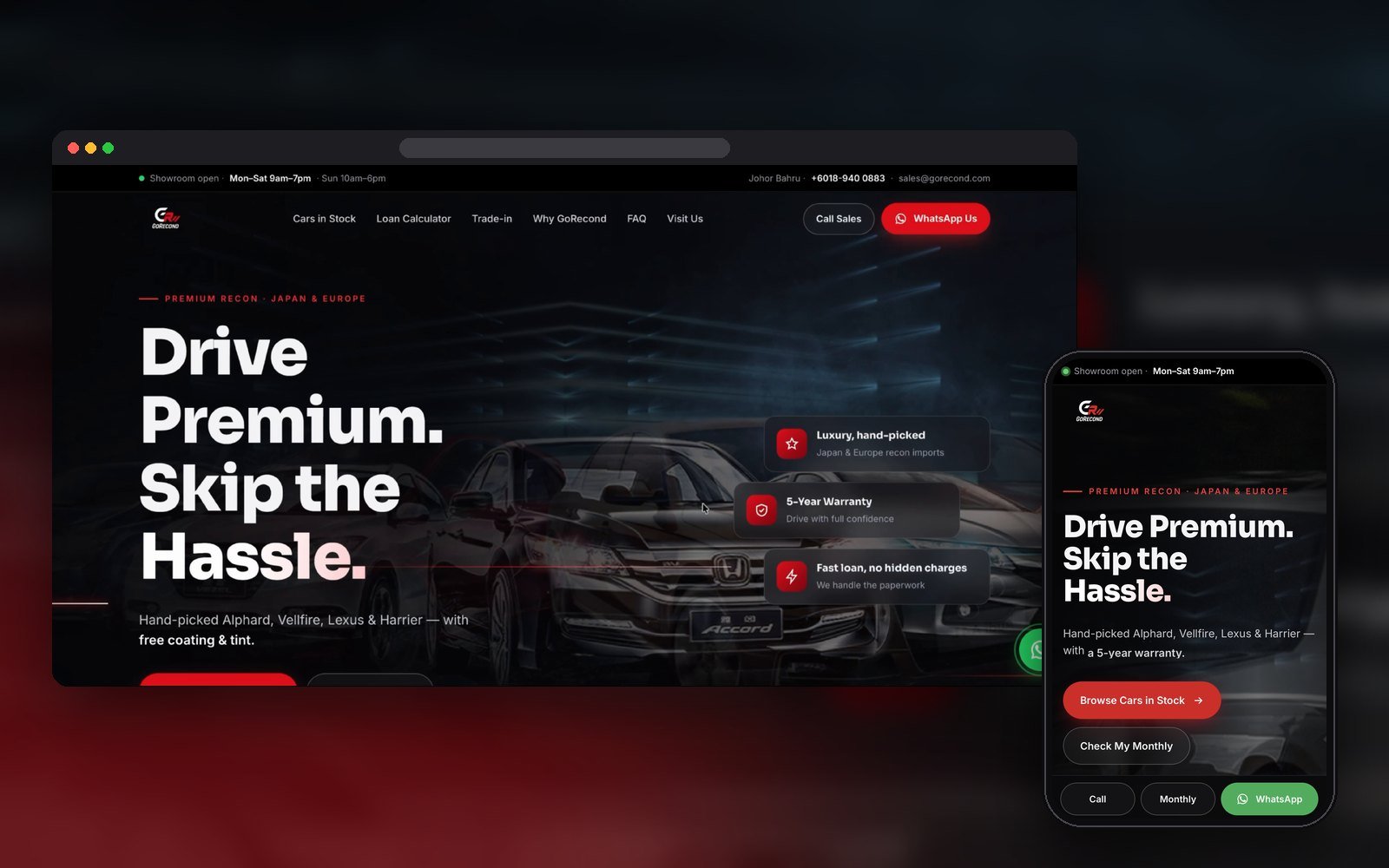 GoRecond premium recon car website on a laptop and a phone