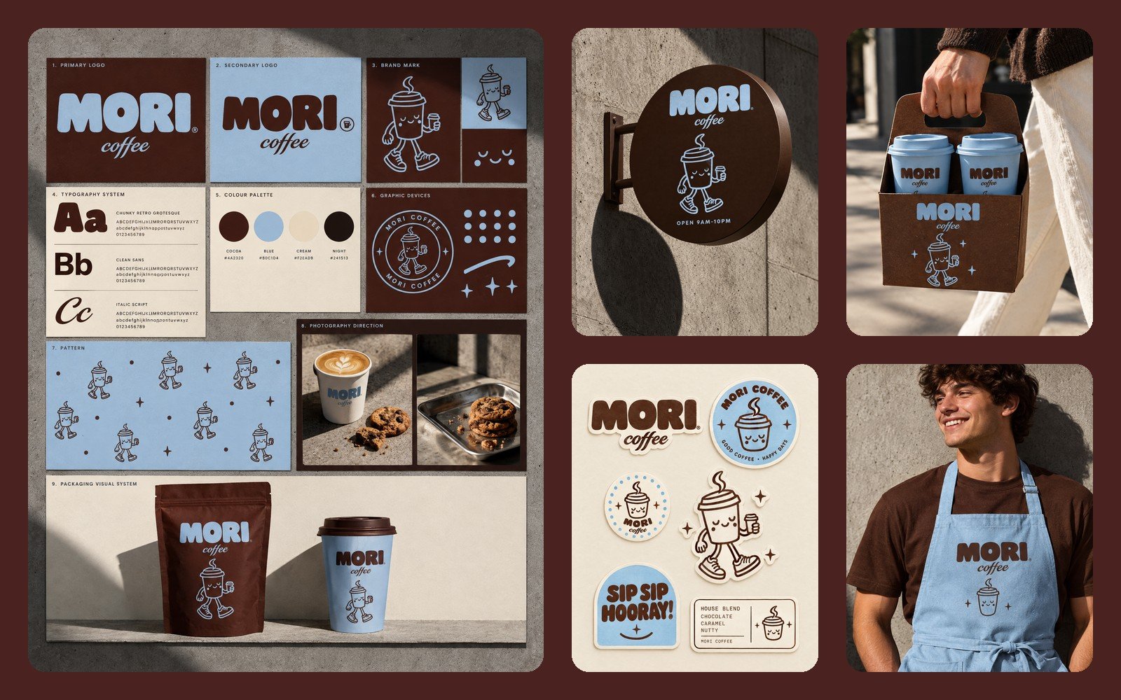 Mori Coffee brand identity: logo, mascot, cups, packaging, signage and stickers