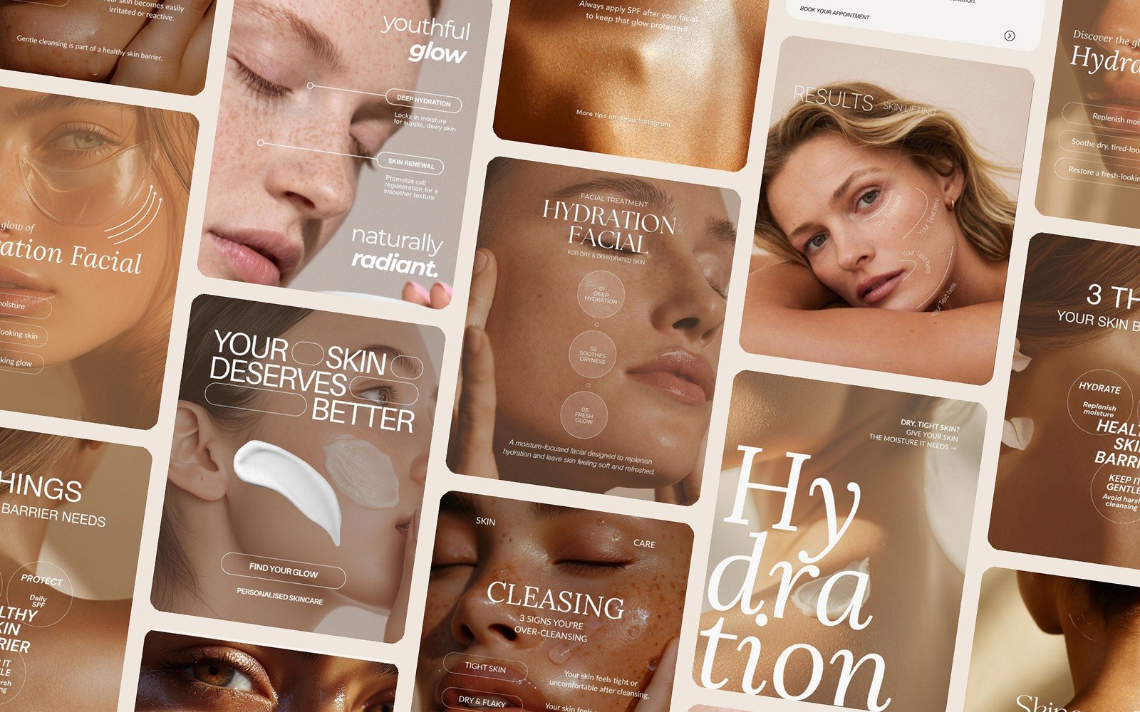Wall of skincare Instagram posts: hydration facial, cleansing tips and skin consultation