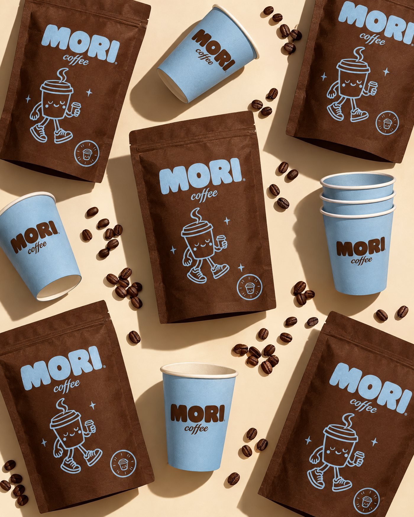 Mori coffee pouches and cups flat lay
