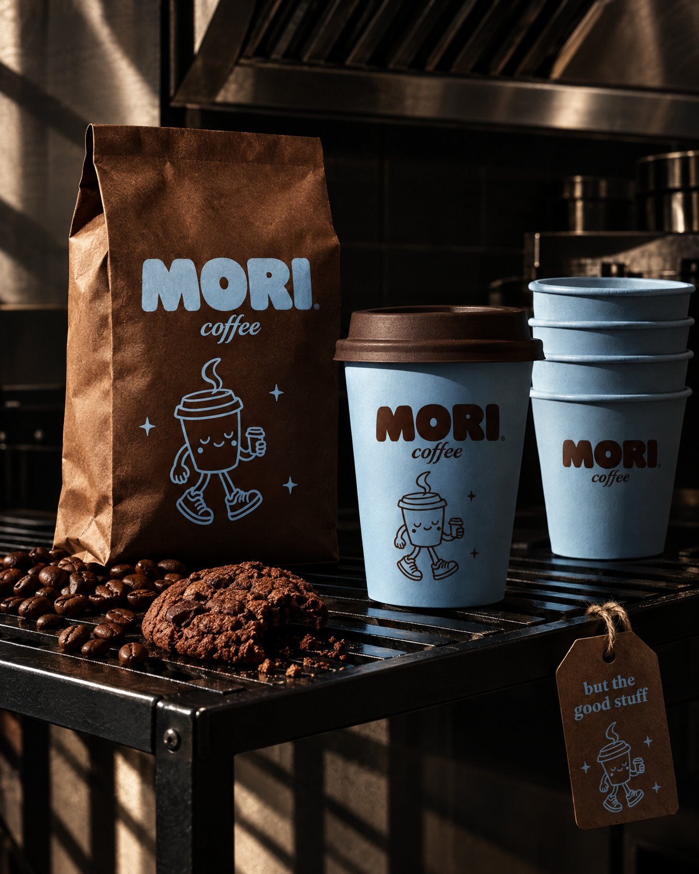 Mori Coffee kraft coffee bag and blue takeaway cups on a café shelf