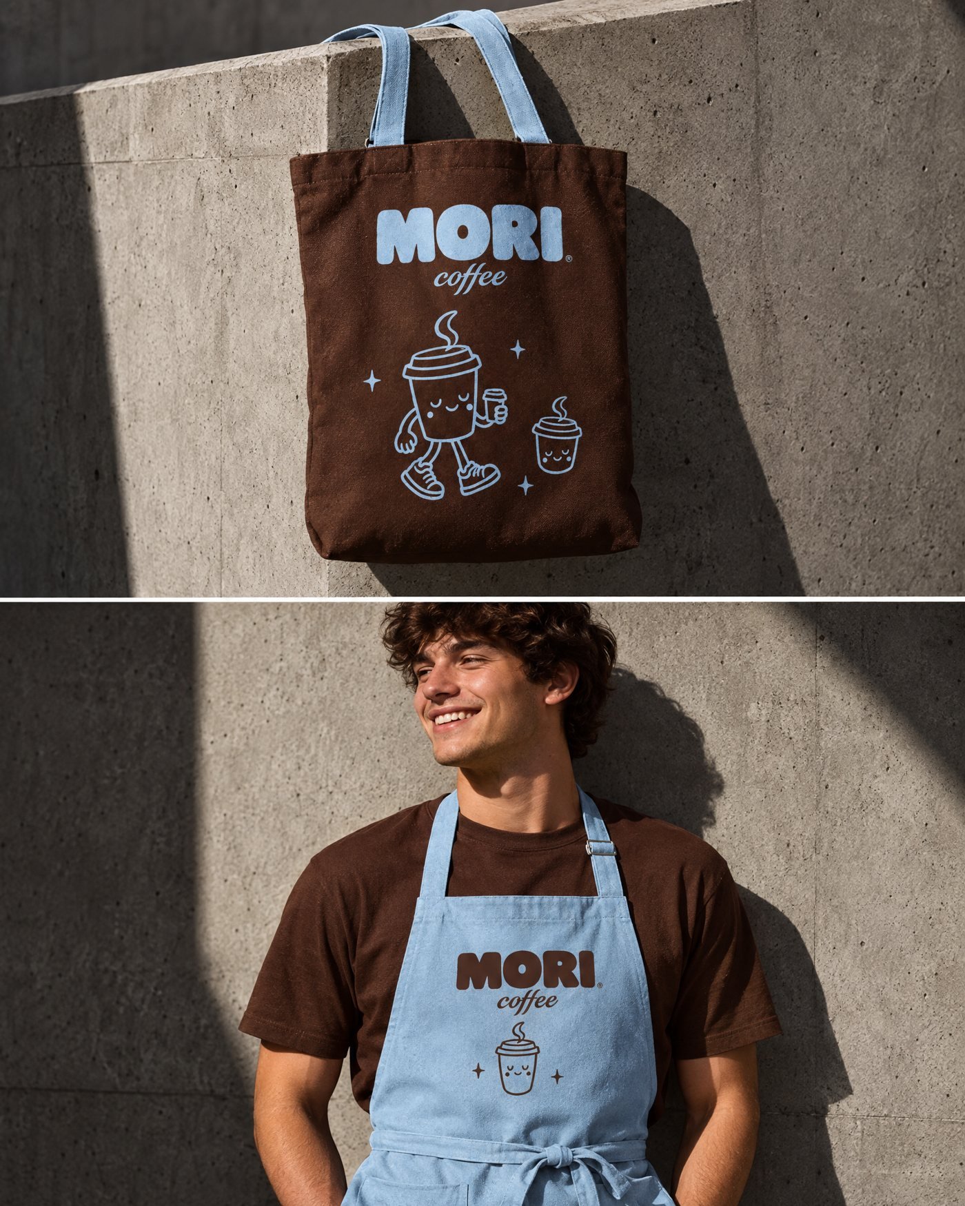 Mori tote bag and barista apron