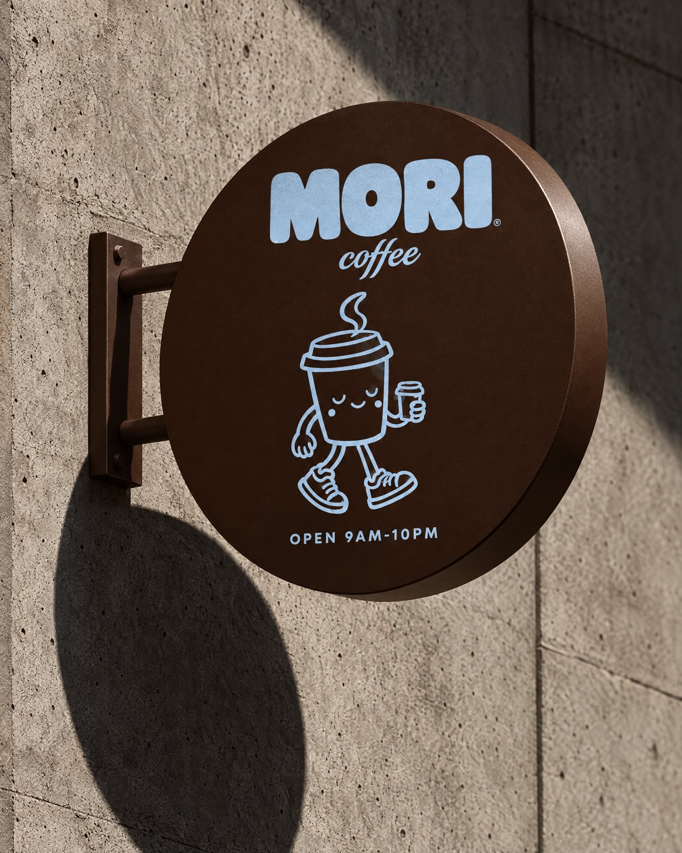 Round Mori Coffee shop sign on a concrete wall