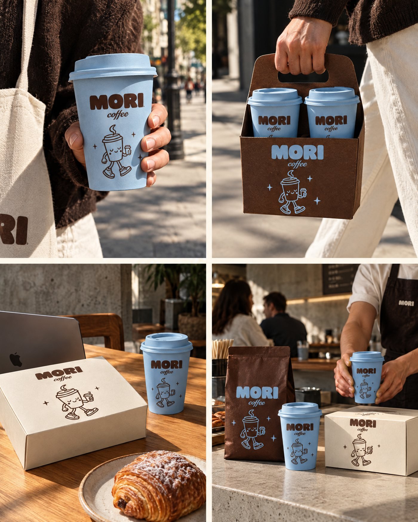 Mori cups and carrier in everyday street and café scenes
